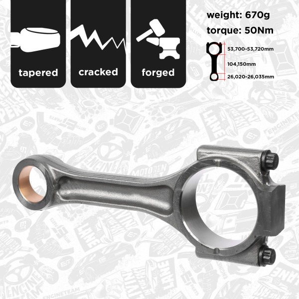 OM0030, Stempelstang, Ojnice motoru 2,5TDI/čep 26,00mm, ET ENGINETEAM, Audi A1/A3/Q3/TT Seat Altea Alhambra Leon Toledo Škoda-VW Octavia-II Superb-II Yeti Volkswagen Amarok Caddy Passat Crafter Multivan Transporter AZV BKD BMP BMM BPZ BSS BSV BWW CBBB CBDB CEGA CFFB CFGB CFHA CFHC CFHF CFJA 2,0TDI 2,5TDI 2003+, 038105401J, 40250, 50009210, CO002600