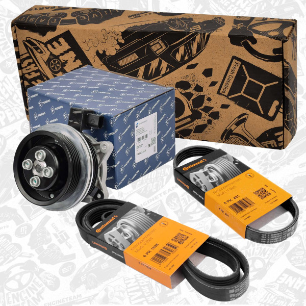 PW0010VR1, Vannpumpe & multi-V reim sett, Pumpa vodní el. / řemeny 1,4TSI, ET ENGINETEAM, Skoda Fabia, VW Golf/Passat, Audi, Seat 1,4TSI 2006+, 03C121004D, 03C121004E, 03C121004J, 03C121004L, 03C121004JX, 03C260849A, 03C145933A, 5PK0491, 7.10942.10.0, 6PK1698