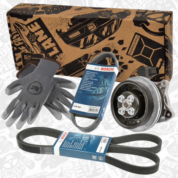 PW0010VR2, Vannpumpe & multi-V reim sett, Pumpa vodní el. / řemeny Bosch 1,4TSI, ET ENGINETEAM, Audi Seat Skoda VW A1 Ibiza Alhambra Fabia Beetle Eos CC Passat Touran Sharan Jetta BLG CAVA 1,4TSI 2006+, 03C121004D, 03C121004E, 03C121004J, 03C121004L, 03C121004JX, 03C260849A, 03C145933A, 1987947548, 1987945731