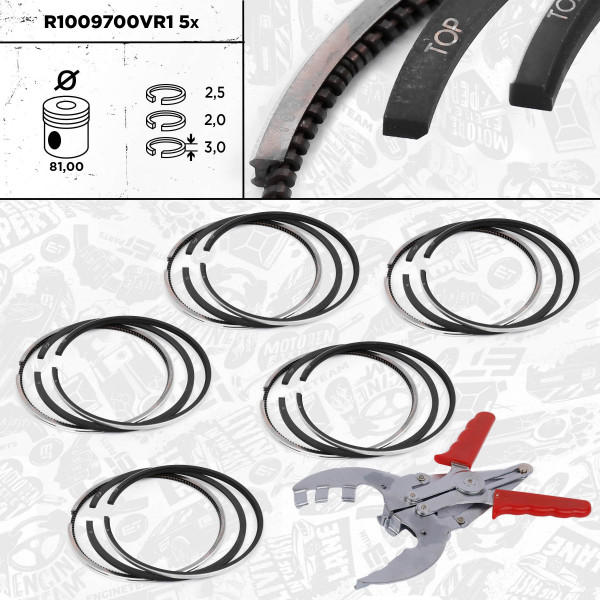 R1009700VR1, Stempelringsett, Sada píst.kr.(5) - repair kit, ET ENGINETEAM, VW Crafter 2,5TDI 1999+, 070198151, 074198151, 07Z198151, 03048N0, 08-421000-00, 800073910000, 800077410000