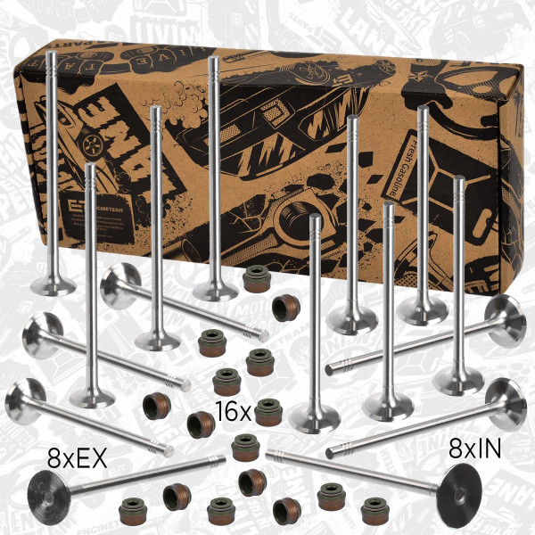 VS0006, Ventilsett, innsugs-/utløpsventil, Ventil set IN/EX 1,2/tes.ventil, ET ENGINETEAM, Dacia Nissan Renault Logan Sandero Kubistar Clio Thalia Kangoo D4F 732 1,2 2013+, 7701473004, 13202-00QAH, 13201-00QAG, 7701472986, 8200171215