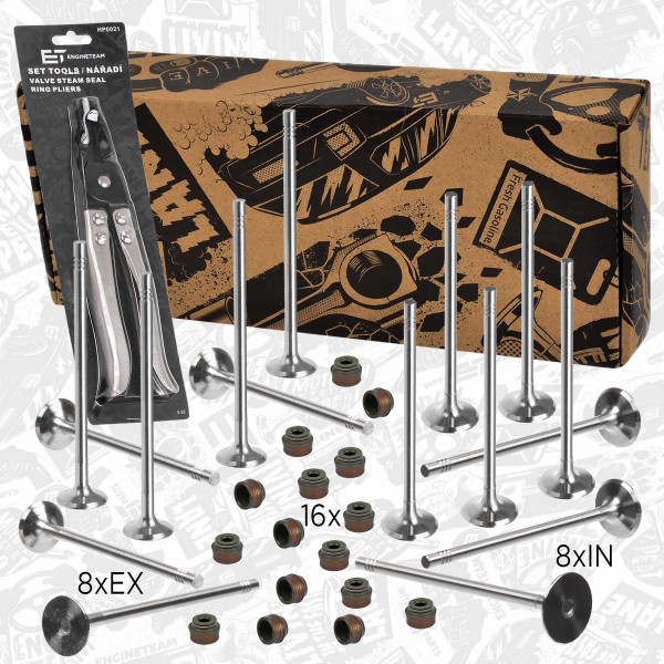 VS0006VR1, Ventilsett, innsugs-/utløpsventil, Ventil set IN/EX 1,2/tes.ventil,kleště, ET ENGINETEAM, Dacia Nissan Renault Logan Sandero Kubistar Clio Thalia Kangoo D4F 732 1,2 2013+, 7701473004, 13202-00QAH, 13201-00QAG, 7701472986, 8200171215
