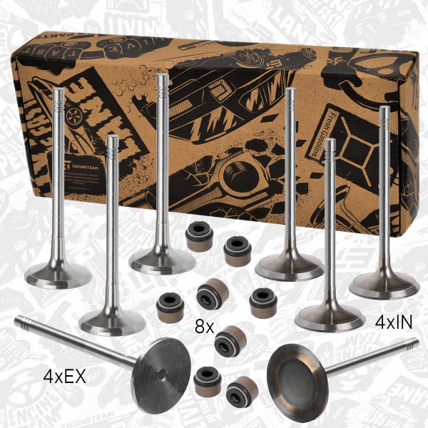 VS0010, Ventilsett, innsugs-/utløpsventil, Ventil set IN/EX 1,6/tes.ventil, ET ENGINETEAM, Audi Seat Skoda VW A3 A4 Exeo Toledo Octavia Caddy Golf Passat BSE BGU 1,6 2003+, 06B109611C, 06B109601D