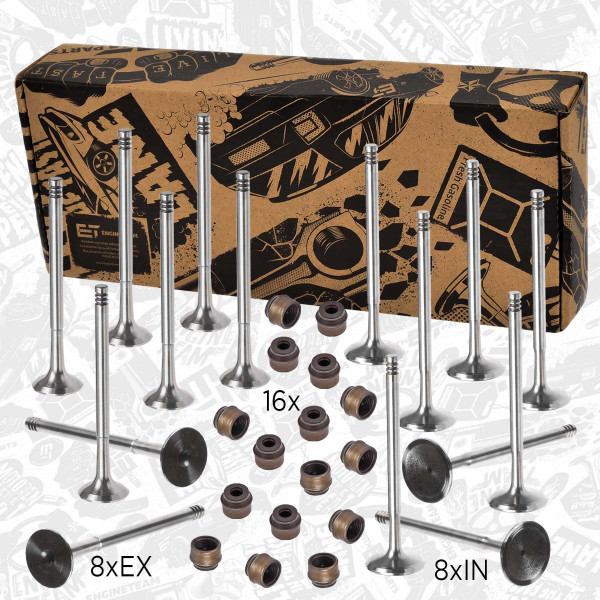 VS0014, Ventilsett, innsugs-/utløpsventil, Ventil set IN/EX 1,4i/tes.ventil, ET ENGINETEAM, Alfa Romeo Fiat Lancia Mito Giulietta 500 Punto Stilo Tipo Delta Ypsilon 198 A4.000 1,4i 2000+, 55185028, 55206233, 12016586, 46470334