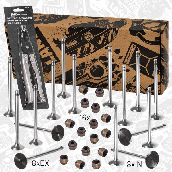 VS0014VR1, Ventilsett, innsugs-/utløpsventil, Ventil set IN/EX 1,4i/tes.ventil.kleště, ET ENGINETEAM, Alfa Romeo Fiat Lancia Mito Giulietta 500 Punto Stilo Tipo Delta Ypsilon 198 A4.000 1,4i 2000+, 55185028, 55206233, 12016586, 46470334