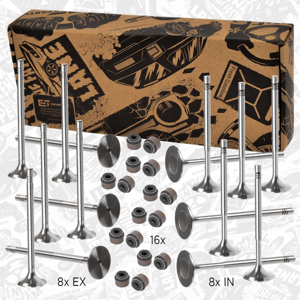 VS0020VR2, Ventilsett, innsugs-/utløpsventil, Ventil set IN/EX 1,2i/1,4i 16V/těs., ET ENGINETEAM, Skoda Roomster Octavia, VW Touran Tiguan 1,4TSI CAXA CGGB 2005+, 036109611K, 036109611AE, 036109601S, 036109601AD, 036109601AK, 036109601AL, 03C109601J, 036109675A, 06B109675B, 06J105675, 06J109675, 06K109675, 029VA30529000, 39523, 50009029, R6014/BM, 029VE30528000, 39522, R6013/S, R6205/S