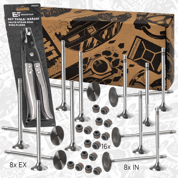 VS0020VR3, Ventilsett, innsugs-/utløpsventil, Ventil set IN/EX 1,2i/1,4i 16V/těs.,kleště, ET ENGINETEAM, Skoda Roomster Octavia, VW Touran Tiguan 1,4TSI CAXA CGGB 2005+, 036109611K, 036109611AE, 036109601S, 036109601AD, 036109601AK, 036109601AL, 03C109601J, 036109675A, 06B109675B, 06J105675, 06J109675, 06K109675, 029VA30529000, 39523, 50009029, R6014/BM, 029VE30528000, 39522, R6013/S, R6205/S