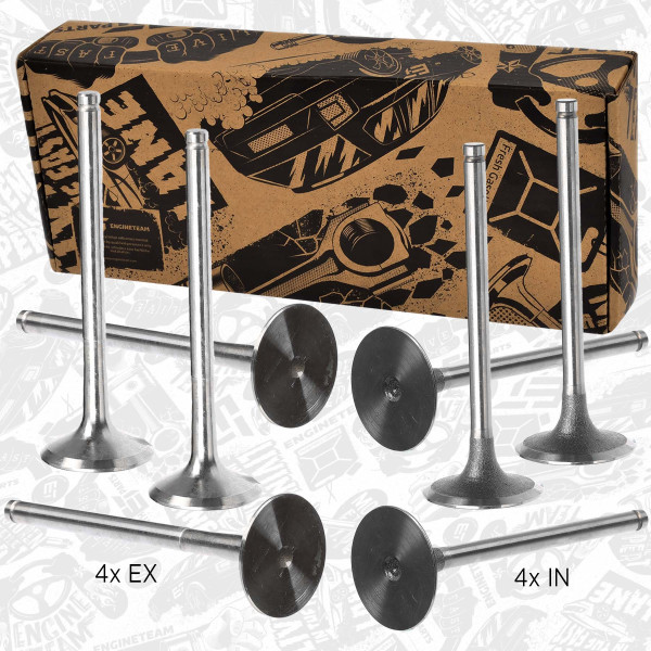 VS0023, Ventilsett, innsugs-/utløpsventil, Ventil set IN/EX 1,4/1,6i , ET ENGINETEAM, Dacia Logan, Renault Clio/Megane/Logan 1,4/1,6i 1985+, 7701465090, 7701468149, 7700865832, 7700273371, 7701465088, 511018, R4575/RCR, V91836, 511017, R4574/S, V94442, V91835