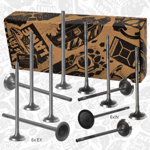 VS0024, Ventilsett, innsugs-/utløpsventil, Ventil set IN/EX 1,0 Turbo /12ks, ET ENGINETEAM, Opel Adam Mokka Astra Corsa 1,0 Turbo B 10 XFT 2014+, 12637241, 641122, 12636317, 642101, 291134, 291133