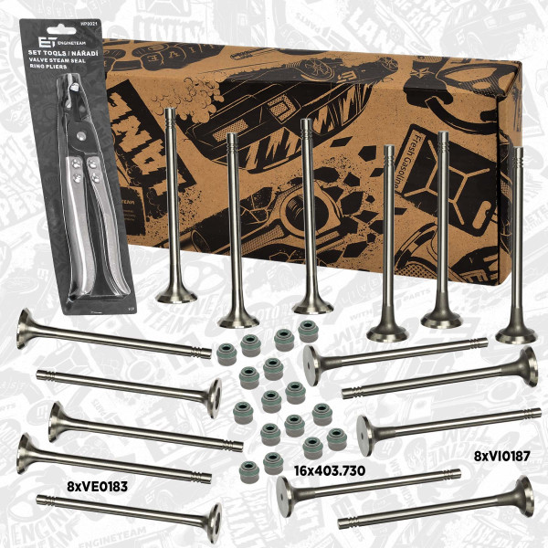 VS0026, Ventilsett, innsugs-/utløpsventil, Ventil set IN/EX 1,6 dCi/CDTi, ET ENGINETEAM, Mercedes-benz Nissan Renault Opel Fiat C-Class Vivaro Trafic Espace Grand Scenic Megane Talisman Trafic X-Trail Qashqai Vivaro Talento R9M 408 1,6 dCi/CDTi 2014+, 13201-00Q0J, 13201-0370R, 4423068, 6000616511, 6260500500, 1320100Q0J, 132010370R, 6260500800, 95517881, 13201-7444R, 13202-00Q0L, 6000616514, 132017444R, 13202-00Q0P, 6000616512, 1320200Q0P, 13202-4894R, 4423303, 1320200Q0L, 13202-7372R, 95518256, 13202-9836R, 4423067, 132024894R, 95517880, 132027372R, 132029836R