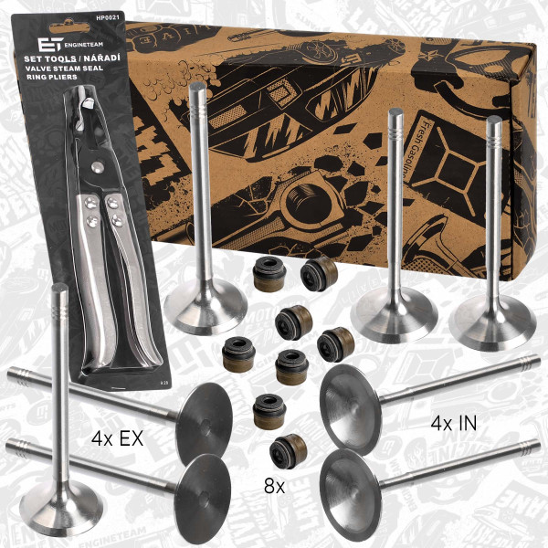 VS0034VR1, Ventilsett, innsugs-/utløpsventil, Ventil set IN/EX 1,2 TSI /těs.,kleště, ET ENGINETEAM, Audi Seat Skoda VW A1 A3 Toledo Ibiza Altea XL Yeti Roomster Rapid Fabia Touran Jetta Golf Caddy 1,2 TSI CBZA CBZB 2009+, 03F109611B, 03F109611C, 03F109601A, 036109675A, 06B109675B, 06J105675, 06J109675, 06K109675