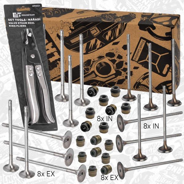 VS0035VR1, Ventilsett, innsugs-/utløpsventil, Ventil set IN/EX 1,2 TSI /těs., kleště, ET ENGINETEAM, Audi Seat Skoda VW A3 Leon Yeti Octavia Touran Golf 1,2 TSI CYVA CJZA 2013+, 04E109611K, 04E109601A, 04E109675A, 04E109675G, 05E109675D