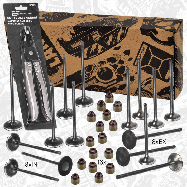VS0038VR1, Ventilsett, innsugs-/utløpsventil, Ventil set IN/EX  1,6SCe/1,6E-Tech/těs., kleště, ET ENGINETEAM, Renault Dacia Captur Clio Fluence Logan Stepway Megane Lodgy Duster Dokker 1,6SCe/1,6E-Tech H4M 429 20015+, 132029606R, 132028257R, 132019075R, 132018521R, 132073851R, 13207CJ40A, 13207ED000
