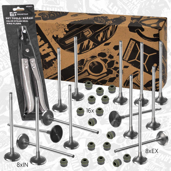 VS0039VR1, Ventilsett, innsugs-/utløpsventil, Ventil set IN/EX2,2dci/2,5dci těs., kleště, ET ENGINETEAM, Renault Nissan Opel Laguna Espace Master Trafic Avantime Vel Satis Primastar Interstar Vivaro Movano 2,2dci/2,5dci G9U 632 2000+, 13201-00QAD, 4506083, 7701472669, 4506084, 7701472670, 13202-00QAD, 4506051, 8200496321, 13209-HG00C, 9611390880
