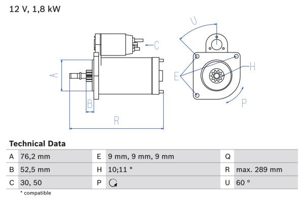 0986016190, Starter, Startér, BOSCH, 02B911023C, 02B911023CX, 0001110061, 455628, 8EA726222-001, CS598, DRS6190, LRS00964, MSR658, 0001110062, 943251225, LRS964