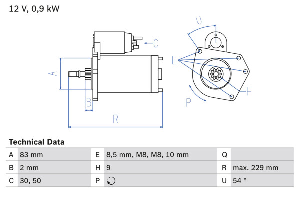 Starter - 0986016790 BOSCH - 036911023Q, 036911023QX, 085911023J