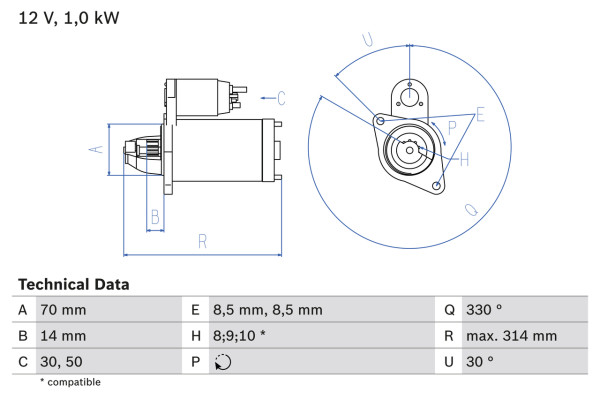 Starter - 0986018570 BOSCH - A0041518501, A004151850180, A0051511101