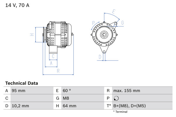 0986038730, Dynamo, Generátor, BOSCH, 5705E1, 5705F9, 5705JS, 57052F, 5705X9, 57054G, 95667742, 96050629, 9605062980, 9628925380, 0120335007, 8EL725901-001, A11VI11, CA618IR, DRA3243, LRA00901, MAN1165, 0986038731, A11VI43, LRA901, MAN2005, 0986038733, A11VI55, MAR966, 063533350070, NA454, 63321641, VA291, 2541298, 63321770
