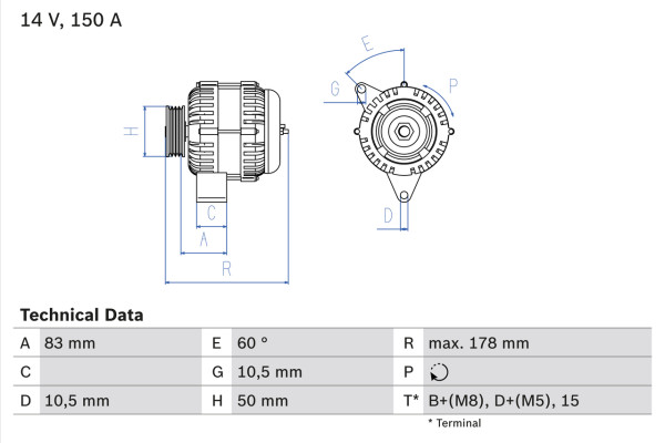 0986041550, Dynamo, Generátor, BOSCH, 3701909M91, A0111543202, A011154320280, 0111543202, 011154320280, 0123520017, 437653, 8EL737731-001, CA1491IR, DRB1550, LRA01843, 0986041550, LRA1843, 0986041553