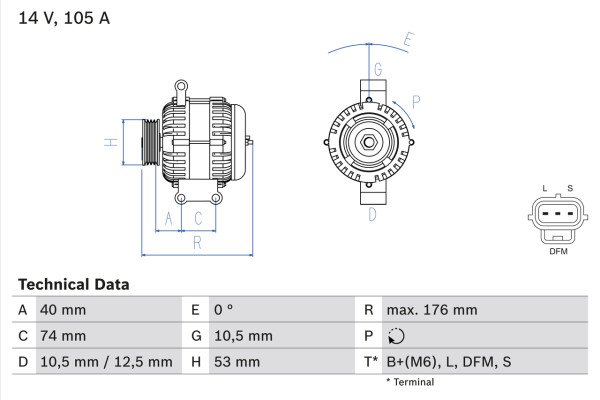 0986042790, Dynamo, Generátor, BOSCH, R1C1T10300AF, 1C1T10300AD, 1C1T10300AE, 1C1T10300AF, 1450633, 4112235, 4371030, 0124415016, 437659, 8EL737927-001, CA1636IR, DRB2790, LRA02183, 0986042790, LRA2183, 0986047260, 1986A01354