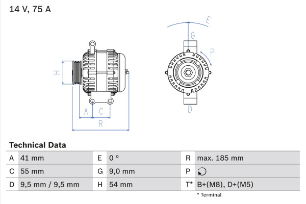 0986048781, Dynamo, Generátor, BOSCH, 1204432, 46823546, R1530097, 13117278, 51718499, 13243462, 51784847, 13256930, 51787208, 51805799, 13283343, 51805803, 51854905, 93169026, 93169027, 51854909, 9562206, 51854914, 55185075, 1986A01189, 8EL738211-031, CA1855IR, DRA4243, LRA02325, MS1012101211, TG8S010, 1012101110, 8EL738211-081, CA1856IR, LRA02817