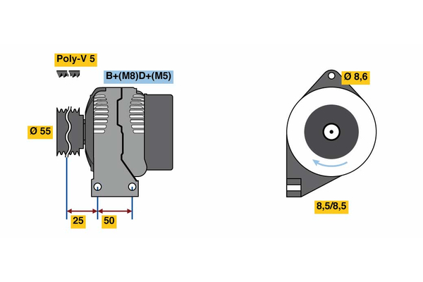 0986049540, Dynamo, Generátor, BOSCH, 1535437, 46554404, 51714791, 1673521, 46748357, 51859038, 51709131, 52003532, 9S5110346BA, 9S5110346BB, 1986A00733, 8EL738099-001, CA1742IR, DAN519, LRA02800, MAN1157, LRA2800, MAN7010, MS1022118470, MAN7013, MS1022118471, 63321765, MS1022118472, 1022118450, 63321775, 1022118470, 63377013, 1022118471, 1022118472