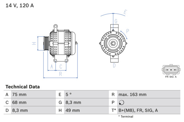 0986049670, Dynamo, Generátor, BOSCH, 1256552, 30667071, 1530299, 30755494, 36002574, 3M5T10300VA, 3M5T10300VB, 8603271, 3M5T10300VC, 8688170, 3M5T10300VD, 1042103761, 1986A01338, 8EL738211-491, CA1864IR, DRA0119, LRA02839, 1042103762, LRA2839, 1042105790