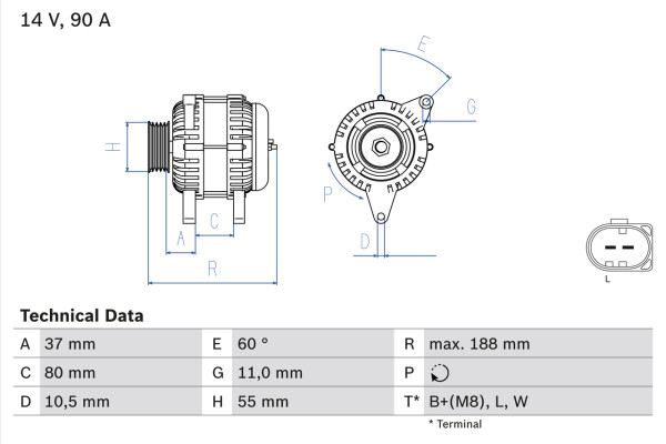 0986081360, Dynamo, Generátor, BOSCH, 2855975, 38522314F, 504225814, 8520046A, 0124325052, CA2151IR, 0124325147
