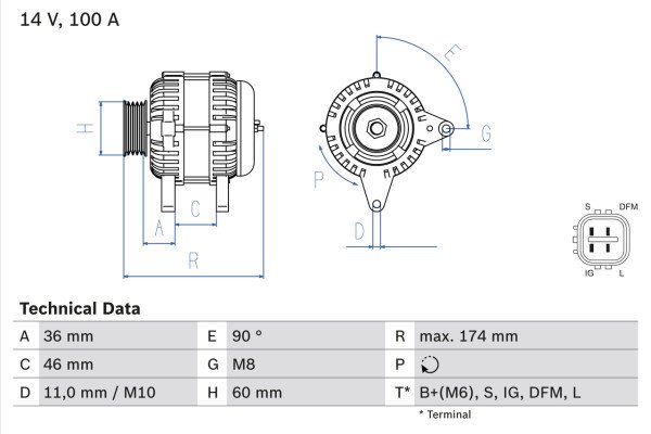 0986082060, Dynamo, Generátor, BOSCH, 2706028070, 2706028260, 063377435, 8EL738051-001, DAN952, DRA0468, JA1613IR, LRA02189, 063377435010, 1022110750, 1042103780