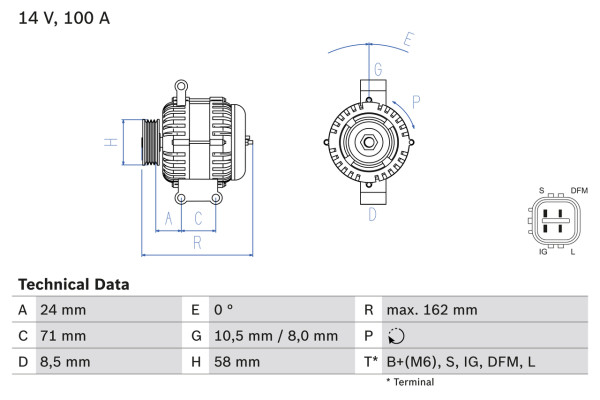 0986082080, Dynamo, Generátor, BOSCH, 2706026051, 270600R011, 270600R040, 270600R050, 1986A01203, 8EL738213-211, CA2036IR, DAN1022, DRA0598, LRA03172, 1042102220, 1042105140