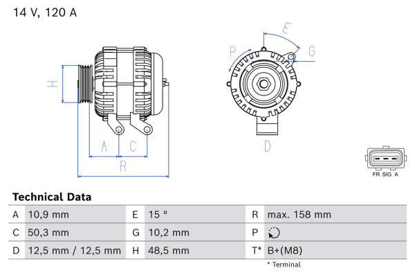 0986082100, Dynamo, Generátor, BOSCH, 1352858, 30667501, 1353886, 30795493, 1543764, 36002573, 3M5T10300KA, 8603604, 3M5T10300KB, 3M5T10300KC, 1986A00593, 8EL738212-921, CA1962IR, DAN1041, LRA03208, 1042104020, 1042104022, 1042105760