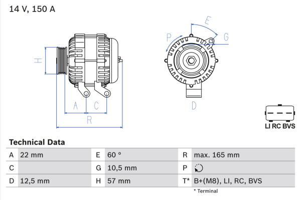 0986082400, Dynamo, Generátor, BOSCH, YLE500200, YLE500400, 8EL738212-901, CA1958IR, DAN987, DRA0342, LEA0700, 1042103710, LRA03028, 1042103711