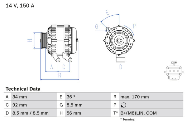 0986083070, Dynamo, Generátor, BOSCH, 30667103, 3M5T10300SC, 3M5T10300SD, 8603496, 8EL738212-951, CA1966IR, DAN1059, DRA0391, LRA02934, 1042103560, 1042104640