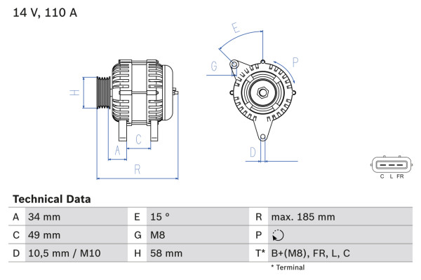 0986083550, Dynamo, Generátor, BOSCH, 373002B750, 373002B760, 2610128, CA2187IR, DRA1144, 2616559