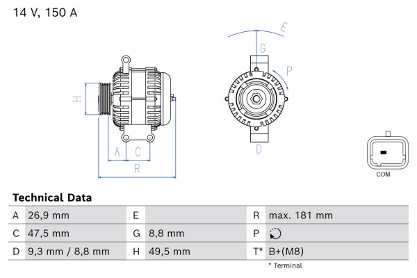 0986086390, Dynamo, Alternator, BOSCH, 5705NR, 5707NR, 9822230780, 9666997980, 9666998080, 1986A01455, FG15T044, FG15T072, FG15T148, 2610715B, 2616938B, 2715896A