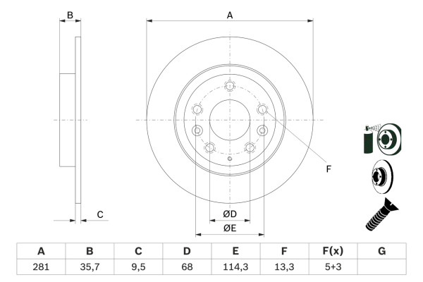 0986479E55, Bremseskive, Brzdový kotouč, BOSCH, D10E-26-251, 08D22211, 1815313285, 24011004181, 313285, 370305820, 55937, 563285JC, 6161500, 92293703, BDC6185, BDS1932, BG4959C, BR4801C, BS7873B, BS9450C, DDF2823C, DF6807, DSK3309, 55937NC, 563285JC1, DF8213, MBD6185, MDC2821C, SDK7014, DF8213S