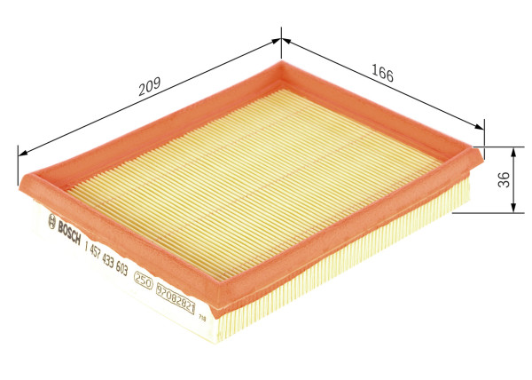 1457433603, Luftfilter, Vzduchový filtr, BOSCH, 1444P9, 25069012, 90411732, 90486296, VAF575, 5834037, 834581, 90412779, 90541322, 92101279, 90486297, 90486298, 834582, 90486299, 834583, 835006, 835015, 835027, 835029, 93183041, 1457433452, 231AP, 2487, 3002700, 9298, A1305, A254, A466, AG1146, AG883
