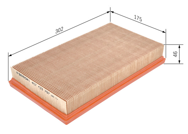 1457433797, Luftfilter, Vzduchový filtr, BOSCH, 4876199, 1457433797, 2628, 3021600, 9118, A38299, AF20122, AG1512, AI5240, ALA88372, AP1884, C31104, CA8779, E463L, EAF478, ELP3902, LX1083, MA1157, MAP60012, PA7273, PC2414E, S3216A, WA6686, MD9740