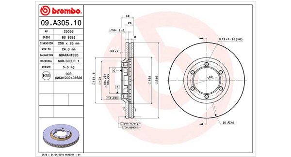 360406126500, Bremseskive, Brzdový kotouč, MAGNETI MARELLI, 8972382720, 8973088680, 8973606760, 8980062580, 0986AB6158, 09.A305.10, 54946, BG4252, DDF1946C, DF7267, DI956850, DSK2691, 09A30510, 54947