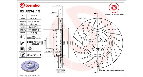 360406130104, Bremseskive, Brzdový kotouč, MAGNETI MARELLI, 34106797603, 0986479E10, 09.C394.13, 150290520, 25575Z, 65140, 92265425, BD180608, BZ9185, DDF2615VC, DDF2615VC1, DF6600S, DSK3106, 150290532