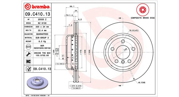 360406131404, Bremseskive, Brzdový kotouč, MAGNETI MARELLI, 34116794429, 34116896652, 0833609, 0986479E07, 09.C410.13, 150348232, 24012402392, 25520Z, 3415115, 65129, 92265825, BD180588, BG9129C, BR900982, BZ9130, DDF2039C, DF6616S, DSK3063, 341592, 424239, BR901676