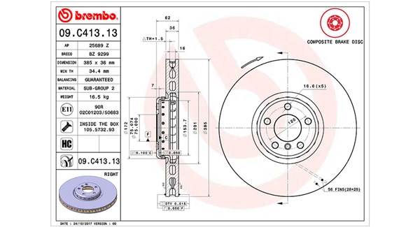 360406131704, Bremseskive, Brzdový kotouč, MAGNETI MARELLI, 34106898726, 34116782068, 0986479E25, 09.C413.13, 150291820, 24013601122, 25689Z, 65136, 92266525, BZ9299, DF6619S, 150291832, 436112