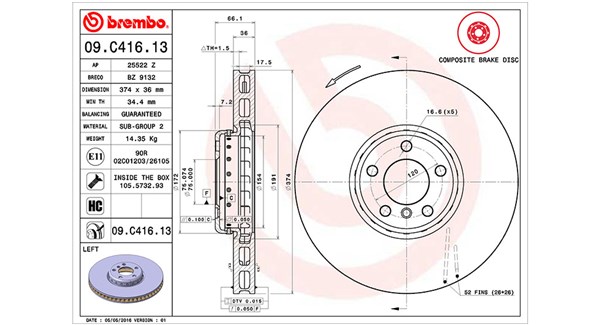 360406131904, Bremseskive, Brzdový kotouč, MAGNETI MARELLI, 34106898731, 34115789543, 34116783777, 34116789543, 0986479E30, 09.C416.13, 150291420, 24013601212, 25522Z, 65133, 92266225, BZ9132, DDF2619LVC, DF6622S, 150291432, 436121, DDF2619LVC1