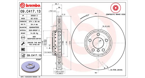 360406132004, Bremseskive, Brzdový kotouč, MAGNETI MARELLI, 34106898732, 34115789544, 34116783778, 34116789544, 0986479E63, 09.C417.13, 150291520, 24013601202, 25523Z, 65134, 92266325, BZ9133, DDF2619RVC, DF6623S, 150291532, 436120, DDF2619RVC1