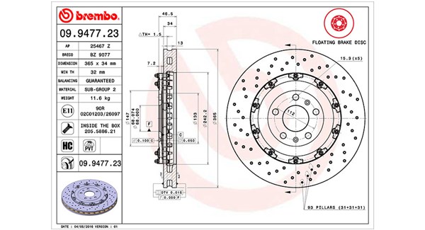 Bremseskive - 360406128803 MAGNETI MARELLI - 8E0615301AB, 09.9477.23, 25467Z