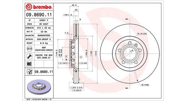 360406001601, Bremseskive, Brzdový kotouč, MAGNETI MARELLI, 3B0615301B, 4B0615301A, 4B0615301C, L8E0615301R, 8D0615301J, 8E0615301R, 0833105, 0986479057, 0986479A30, 09.8690.11, 100124220, 16930, 186758, 2047134, 230726C, 24012501371, 24801V, 34215, 50310, 562199B, 562199J, 92106105, 980001, BD126324, BG3657, BR34215, BV8427, CW25137, DDF1156, DF4262BPS