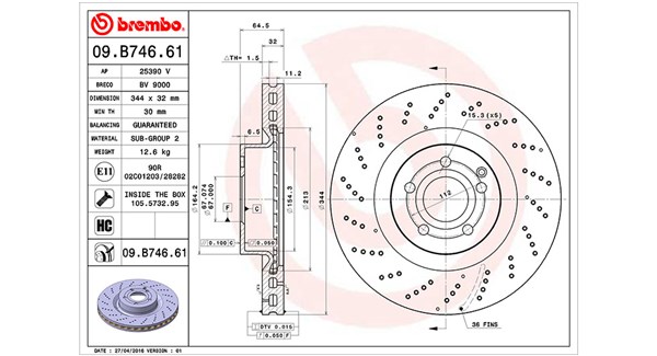360406116001, Bremseskive, Brzdový kotouč, MAGNETI MARELLI, 0004211412, 2074210012, A0004211412, A000421141207, A2074210012, A207421001239, 0986479764, 09.B746.61, 2033108, 24013201681, 25390V, 400550220, 432168, 55246, BG9188C, BV9000, DF6775S, DSK2844, MDC2251, 09B74661, 3133108