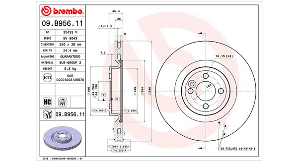 360406123101, Bremseskive, Brzdový kotouč, MAGNETI MARELLI, 34116858071, 09.B956.11, 25433V, 55754, 92275403, BG4568C, BV9043, DSK2850, MDC2691, 09B95611