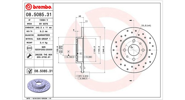 360406126801, Bremseskive, Brzdový kotouč, MAGNETI MARELLI, 51885456, 5741447, 08.5085.31, 15084V, 230238320, 24011101761, 56160, BG4936C, BV6076, MDC3163C