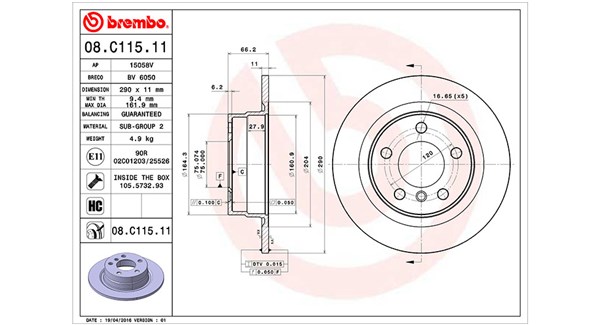 360406126901, Bremseskive, Brzdový kotouč, MAGNETI MARELLI, 34216792225, 08.C115.11, 0986479043, 150349920, 15058V, 2015102, 24011101751, 55610, 92261003, BDR2623.10, BG4649C, BV6050, DDF2197C, DF6137, MDC2557, 3115102, 411175